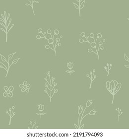 Vector leaves seamless pattern. Random plants texture background. Sketched doodles.