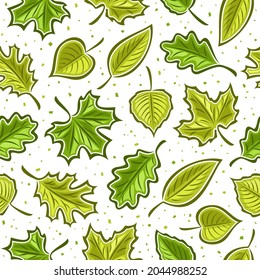 Vector Leaves Seamless Pattern, square repeating background for seasonal interior, square poster with cut out illustrations of green various falling leaves on white background.