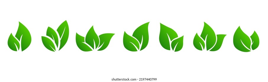 Vector leaves set in green gradient colours and different variations. Flat design illustration and white background