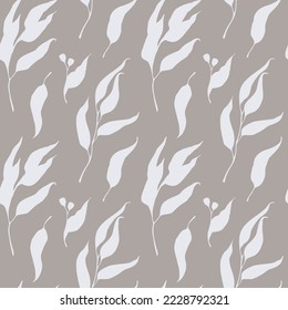 Vector leaves silhouette seamless pattern. Gray brown and white leaf pattern for bedding, wallpapers, textile, wrapping paper, backgrounds. Botanical background.
