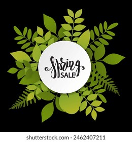 Vector leaves. Summer tropical banner with green palm leaves. Seasonal poster, lettering