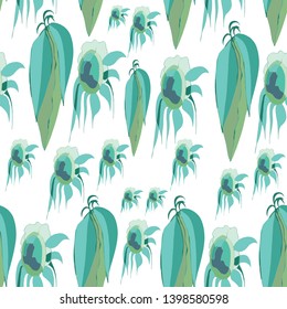vector leaves and sunflowers seamless pattern, green, aquamarine, tuquoise, plain white background