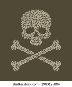 Vector leaves - symbol pirate skull with crossbones. Dark background