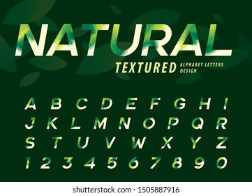 Vector Of Leaves Texture Alphabet Letters And Numbers, Modern Palm Leaf Letter, Italic Fonts Set For Fashion. Festival, Natuaral; Autumn; Tropical, Forest Pine Textured Font