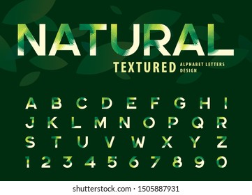 Vector of leaves Texture Alphabet Letters and numbers, Modern palm leaf Letter, Fonts set for Fashion. Festival, natuaral; autumn; tropical, Forest Pine Textured Font