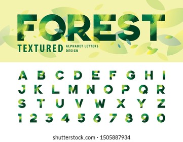 Vector of leaves Texture Alphabet Letters and numbers, Modern palm leaf Letter, Fonts set for Fashion. Festival, natuaral; autumn; tropical, Forest Pine Textured Font