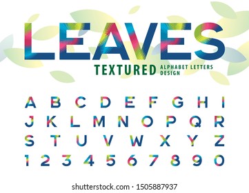 Vector of leaves Texture Alphabet Letters and numbers, Modern Colorful palm leaf Letter, Fonts set for Fashion. Festival, natuaral; autumn; tropical, Forest Pine Textured Font