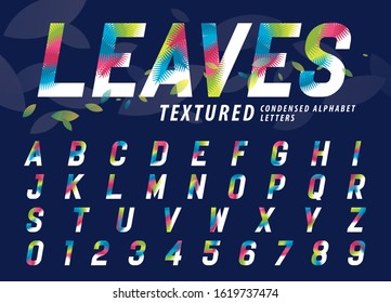 Vector of leaves Texture Alphabet Letters and numbers, Modern Colorful palm leaf Letter, Condensed Fonts set for Fashion. Festival, natural, autumn, tropical, Forest Pine Textured Font