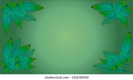 Vector leaves of trees from the jungle in green on a green background.
