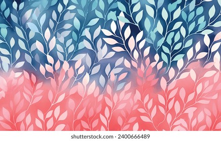 Vector leaves watercolor pattern background, navy blue, coral, and mint green 