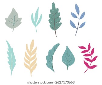 Vector Leaves wax crayon Illustration, Isolated on White Background