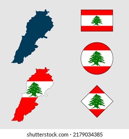 Vector of Lebanon country outline silhouette with flag set isolated on white background. Collection of Lebanon flag icons with square, circle, rectangle and map shapes.