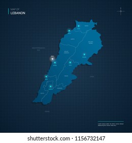 Vector Lebanon map illustration with blue neon lightpoints - triangle on dark blue gradient background. Administrative divisions, cities, borders, capital. Neon tech background with glow. 