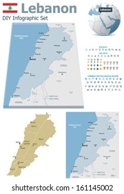 Vector Lebanon maps, Lebanon flag, Earth globe showing country location, map markers and related icon set