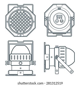 vector LED PAR stage professional lighting projector device gray outline illustration dark background
