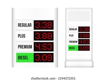 Vector led screen petrol price. Pixel red display fuel cost isolated on white background. Euro gasoline prices digital billboard. Gas station neon lcd price panel. Car service dots font online tablo