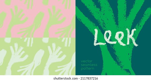 Vector leek pattern seamless. Pencil drawing texture. Green leeks illustration. Vegan restaurant ornament, vegetarian backdrop. Homemade cooking background. Vegetable wallpaper of food label or banner