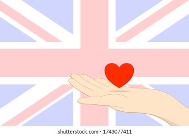 Vector - Left hand holding red heart on United Kingdom (UK) flag background. take care or send love. Feeling happy. Copy space for any text design.