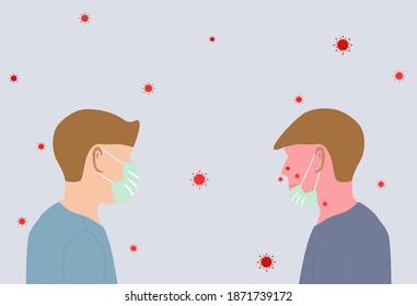 Vector- El hombre de izquierda usa la máscara facial correcta, está protegido de la contaminación o el virus (Covornavirus). El hombre correcto se viste mal y hace que tenga fiebre y tos. Información sobre cómo proteger el concepto Covid-19.Healthcare.