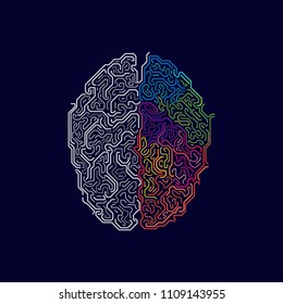 vector del cerebro izquierdo y derecho en estilo futurista, concepto de funciones de dos lados del cerebro