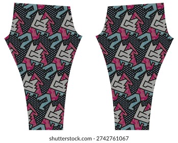 Vector leggings design featuring bold geometric shapes in pink, blue, and gray over a black background with white dots. A dynamic, modern pattern ideal for activewear, sports fashion, and contemporary textile prints.
