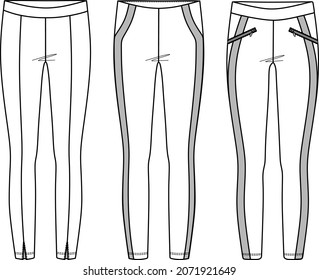 Vector leggings set fashion CAD, woman lounge or yoga leggings with high waist technical drawing, legging fashion flat with back detail, sketch, template. Leggings with front, back view, white color