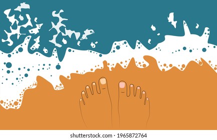 Vector legs in the style of a line on the seashore at the water's edge. Top view. Summer vacation