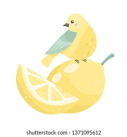 Vector lemon and bird. Cartoon fruits set. Vegan, diet food, detox.