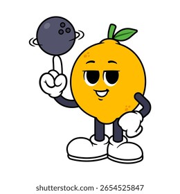 Vector Lemon Character Spinning Bowling Ball on Finger