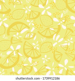 Vector lemon citrus fruit fresh summer floral repeating pattern. Hand drawn textured citrus fruit pattern with texture on yellow background. Modern yummy backdrop.