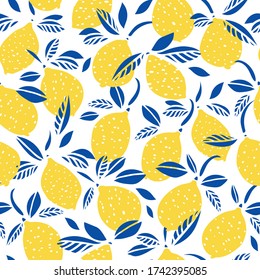 Vector lemon citrus pattern. Graphic modern summer repeating design. Hand drawn bright citrus fruit pattern with blue leaf on white background. Classy simple summer backdrop.