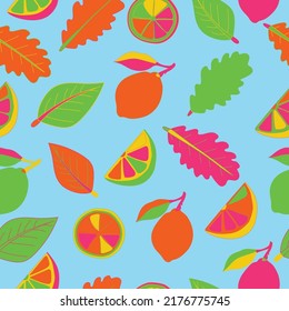Vector lemon fruit fashion colored seamless pattern. Stylish summer background. Perfect for fabric, wallpaper, textile and clothing.