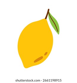 Vector lemon fruit illustration. Bright yellow citrus with leaf in flat style. Fresh food clipart. Cute lemon element.