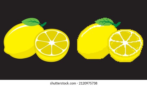vector lemon fruit and pixel art on black background
