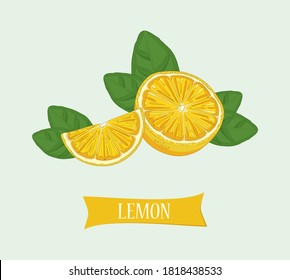 Vector lemon with green leaf. Citrus. Fruit icon.