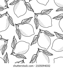 Ilustración vectorial sin fisuras de limón. Patrón sin soldadura de limón dibujado a mano. Frutas de cítricos tropicales de verano. Esbozo de frutas y bayas. Estilo grabado.