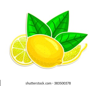 Vector lemon with leaves sticker isolated on white background