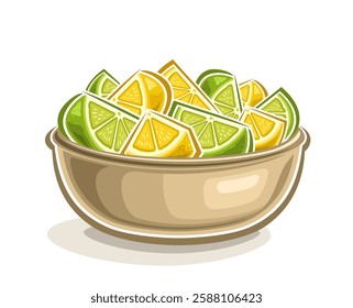 Vector Lemon and Lime Bowl, horizontal decorative poster with cartoon design chopped lemon still life composition, outline illustration of triangle lime and lemon parts in dish on white background