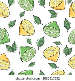 Vector lemon and lime with mint leaves pattern Can be used for wallpaper package wrapping paper interior design webpage design food shopping store design or for any other food and drinks concepts