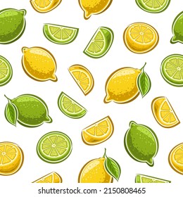 Vector Lemon and Lime seamless pattern, repeating background with set of cut out illustrations organic limes with leaves, group of segment lemons, chopped limes on white background for wrapping paper