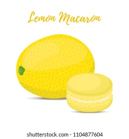 Vector lemon macaron with meringue cream. Sweet french confectionery with fruit. Delicious pastry. Made in cartoon flat style