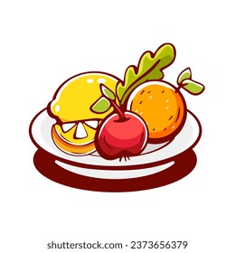 Vector lemon, orange, apples on a plate in cartoon style.