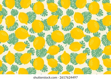 Vector lemon and palm leaves pattern background. Tropical fruit exotic summer print. Hand drawn yellow whole lemons and monstera leaf background. Citrus texture for wallpaper, decor, fabric, cover