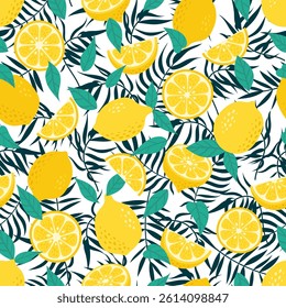 Vector lemon and palm leaves seamless pattern. Tropical fruit exotic summer print. Hand drawn yellow lemons slices and palms on white background. Citrus texture for wrapping, textile, fabric, cover.