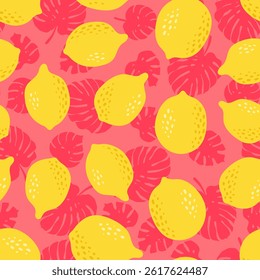 Vector lemon and palm leaves seamless pattern. Tropical fruit exotic summer print. Hand drawn yellow whole lemons and monstera leaf on pink background. Citrus texture for wrap, textile, fabric, cover.