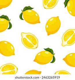 Vector lemon pattern with whole and half lemons with leaves isolated on white background.