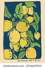 Vector lemon poster with Mediterranean fruits. Hand-drawn fresh linear card isolated on black background. Tasty food illustration for design, print, fabric or background.