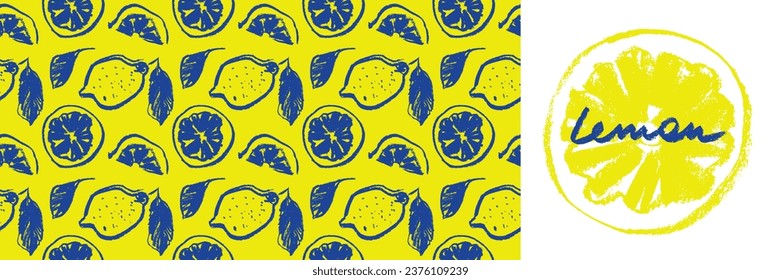 Vector lemon seamless pattern. Citrus fruit wallpaper on yellow background in hand drawn style. Lemon decoration illustrations for cosmetic label backdrop, organic jam badge, juice packaging design.