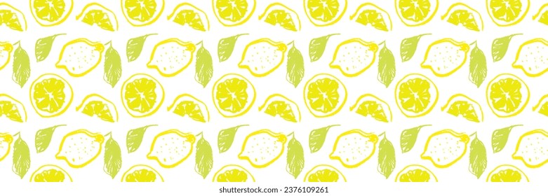 Patrón transparente de limón vectorial. Papel pintado de cítricos sobre fondo blanco en estilo dibujado a mano. Ilustraciones de plantas de limón amarillo para el fondo de la etiqueta cosmética, insignia de mermelada orgánica, diseño de envases de jugo