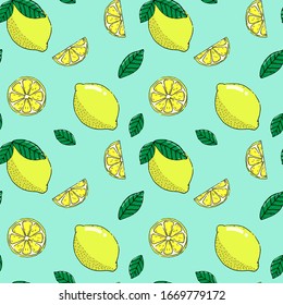 Vector lemon seamless pattern fruits illustration background.